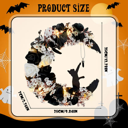 Halloween Wreath Moon Cat Black White Wreath Halloween Decor 13.7in×9.8in