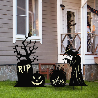 3 Pack Halloween Yard Signs Outdoor Decorations - Glow in the Dark Scary Witch Tombstone Cauldron Metal Stakes, Waterproof Fluorescent Lawn Garden Halloween Decor for Graveyard Party (Large Witch Tombstone Cauldron, 3 Pack)