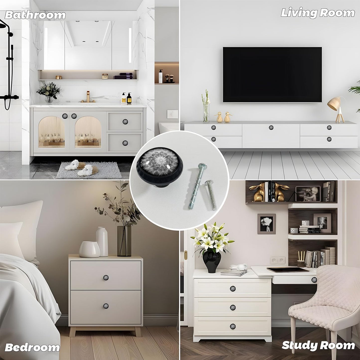 Artinhand 4 Pack White Dandelion Cabinet Knobs for Kitchen Bathroom