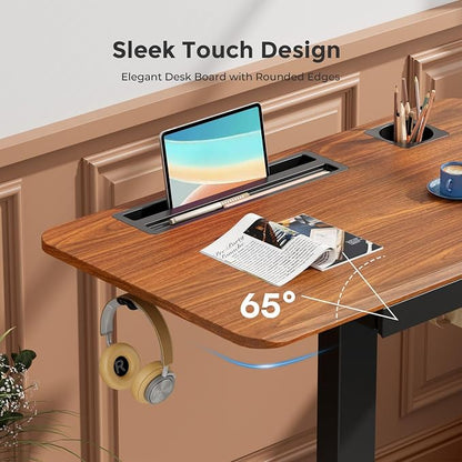 Mobile Standing Desk with Drawer, 28" Rolling Desk with Cup Holder and Hooks, Portable Laptop Workstation on Wheels, Height Adjustable Cart with Storage for Home Office, Dark Wood