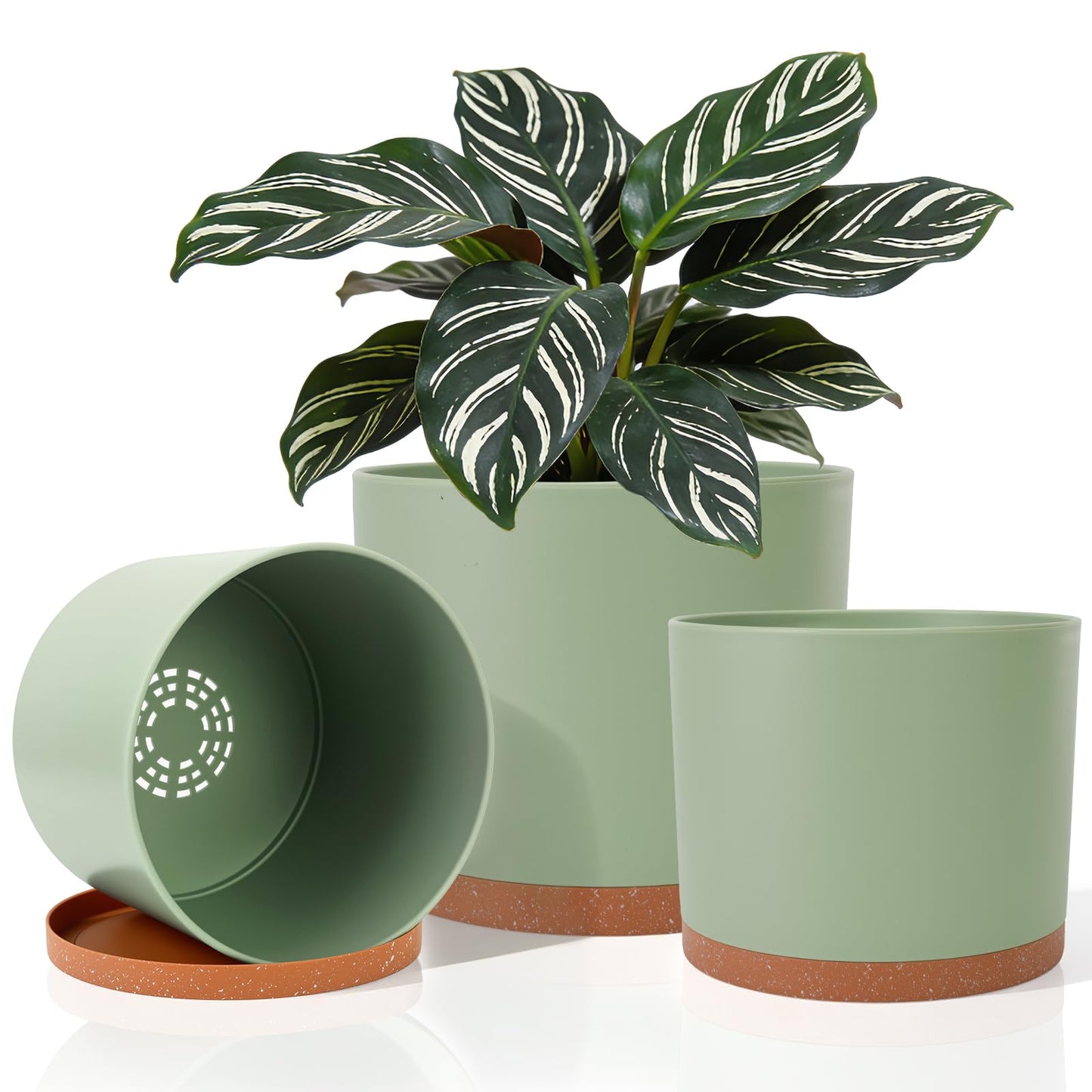 GARDIFE 10/9/8 Inch Modern Cylinder Planter, Plant Pots for Indoor Outdoor Plants, Flower Pots with Drainage Holes and Saucers for Garden Succulent Nursery House Plants (Green-Brown)