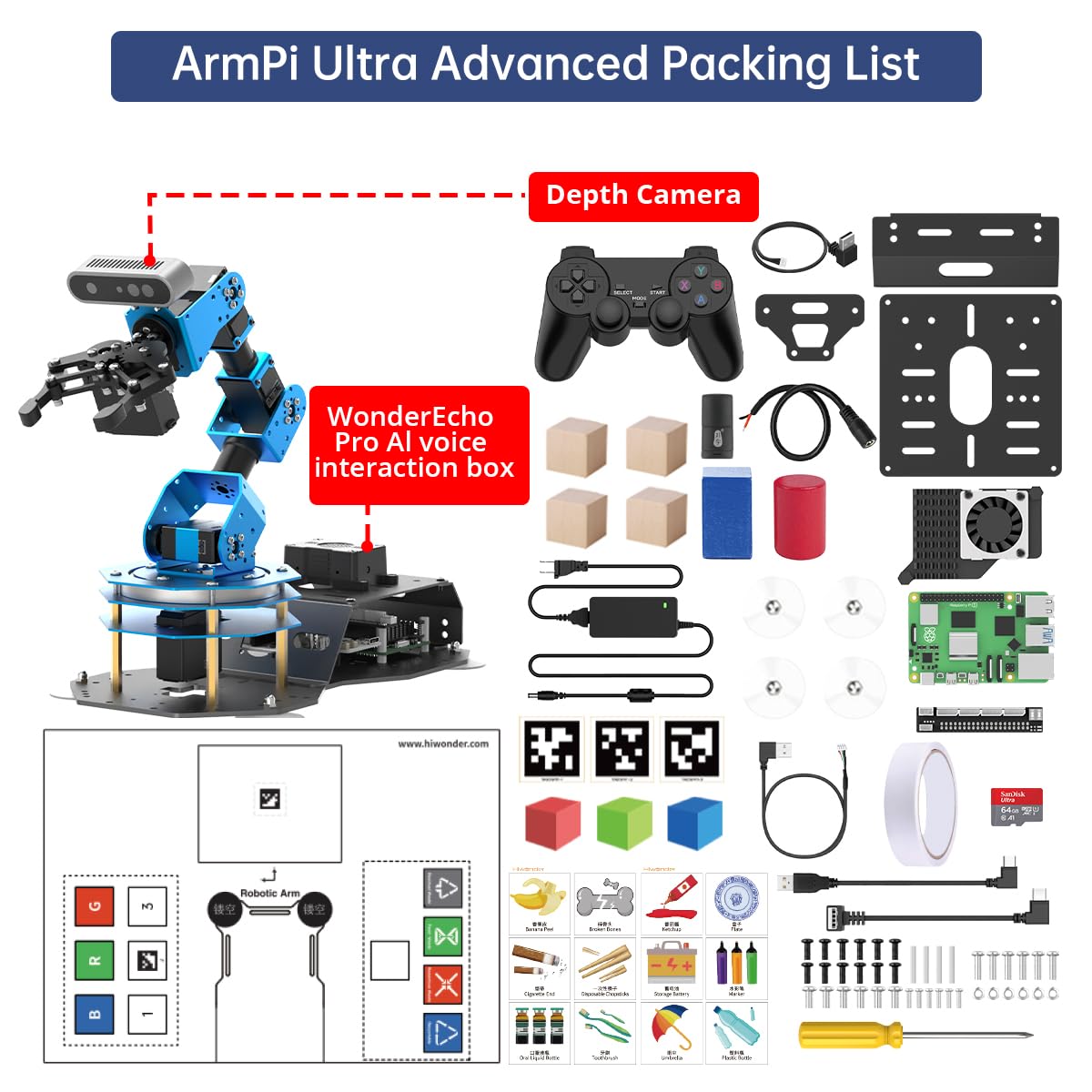 ArmPi Ultra Robotic Arm with ROS2 ChatGPT Large AI Models Embodied Intelligence, Hiwonder 6DOF Programming Robot Arm ROS Education AI Vision Voice Scene Understanding, Advanced Kit without RaspberryPi