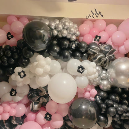 Halloween Balloon Arch Garland Kit, 129Pcs Black Spider White Eyes Bats Pink Metallic Silver Red Latex Balloons with Ghost Explosion Star Foil Balloons for Spooky Halloween Party Outdoor Decorations