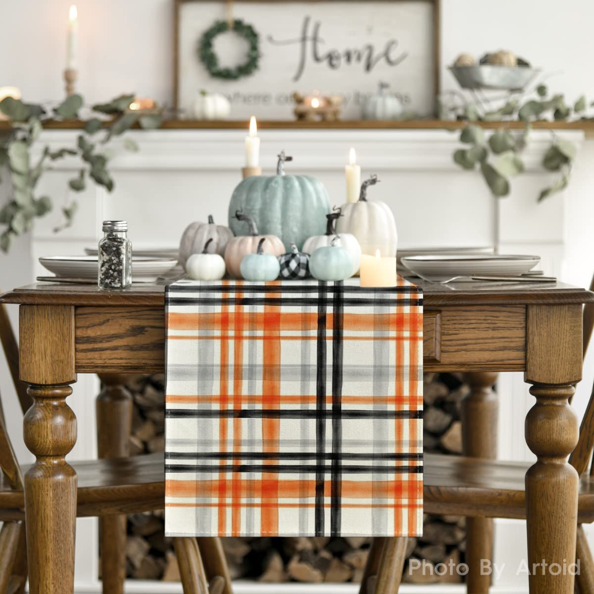 Artoid Mode Orange Black Buffalo Plaid Fall Table Runner, Halloween Kitchen Dining Table Decoration for Outdoor Home Party 13x108 Inch