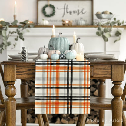Artoid Mode Orange Black Buffalo Plaid Fall Table Runner, Halloween Kitchen Dining Table Decoration for Outdoor Home Party 13x120 Inch
