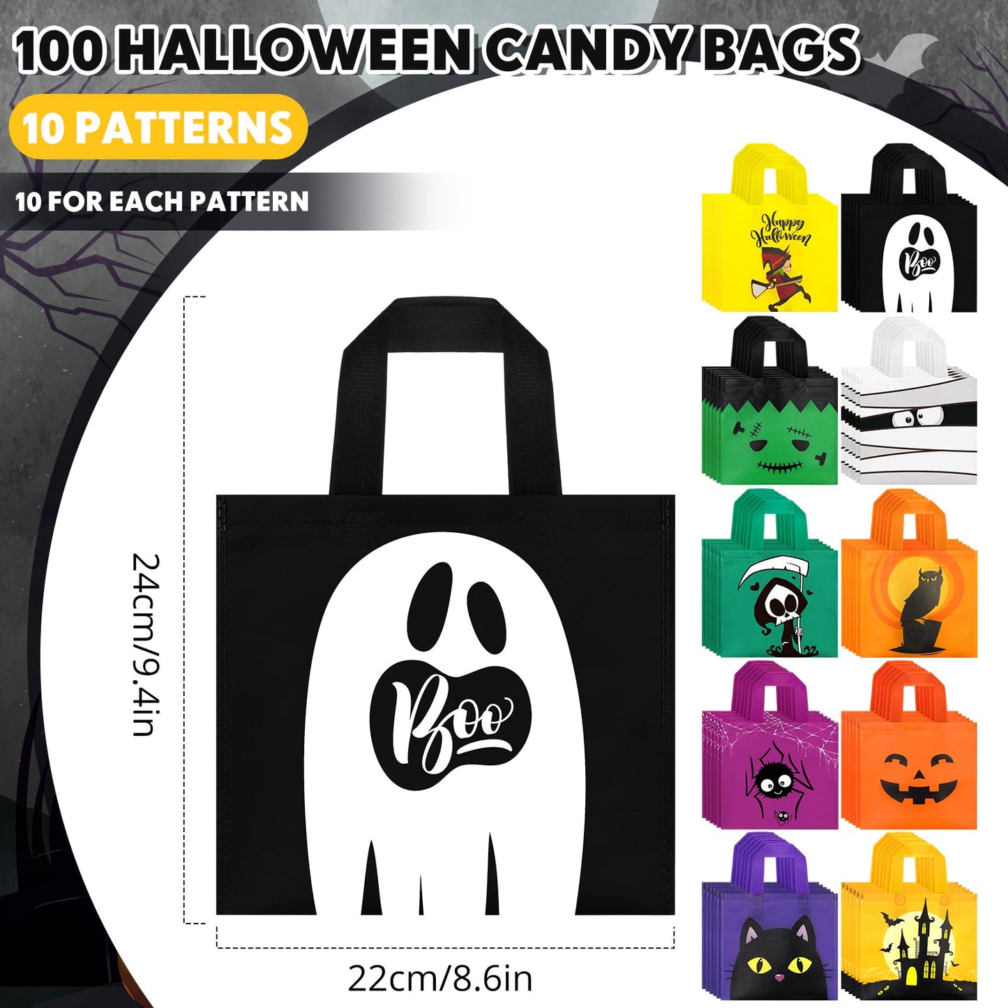 Zhanmai 100 Pcs Halloween Treat Bags with Handle 10 Patterns Design Halloween Candy Goodie Gift Bag for Party Favor Supplies(9.5" x 8.7" x 0.2")