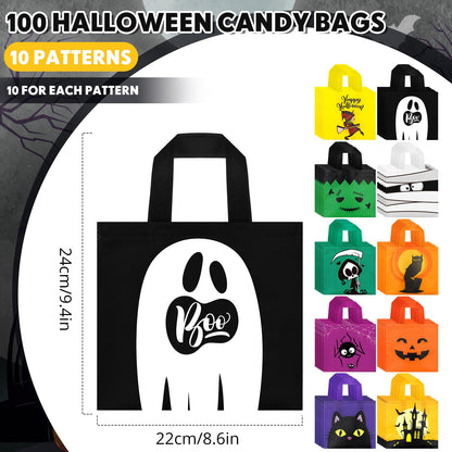Zhanmai 100 Pcs Halloween Treat Bags with Handle 10 Patterns Design Halloween Candy Goodie Gift Bag for Party Favor Supplies(9.5" x 8.7" x 0.2")