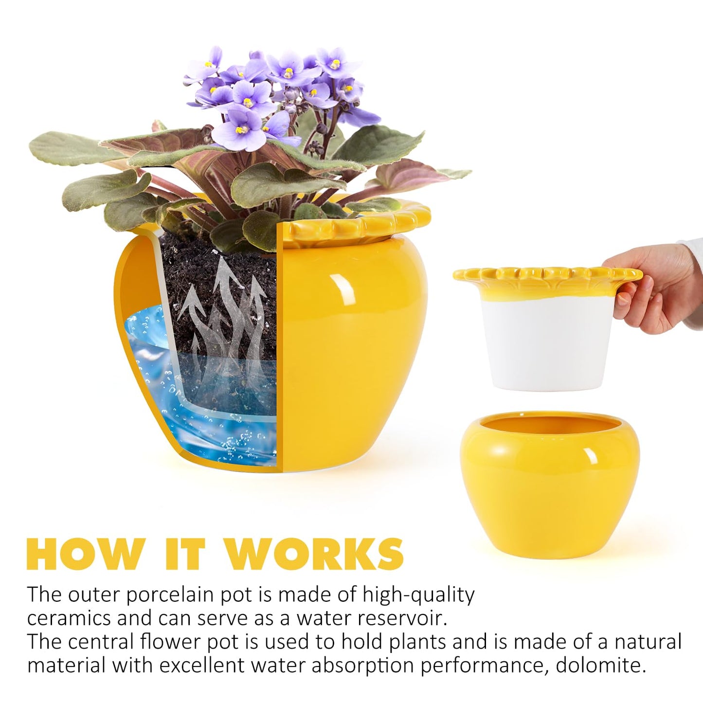 Lovely Ran African Violet Flower Pot Self Watering Plant African Violet Planter Pot Yellow Ceramic Pot Maintenance Plant Seeder Planting 6.5 * 4.6 Inch High Absorption Plant Inner Flower Pot