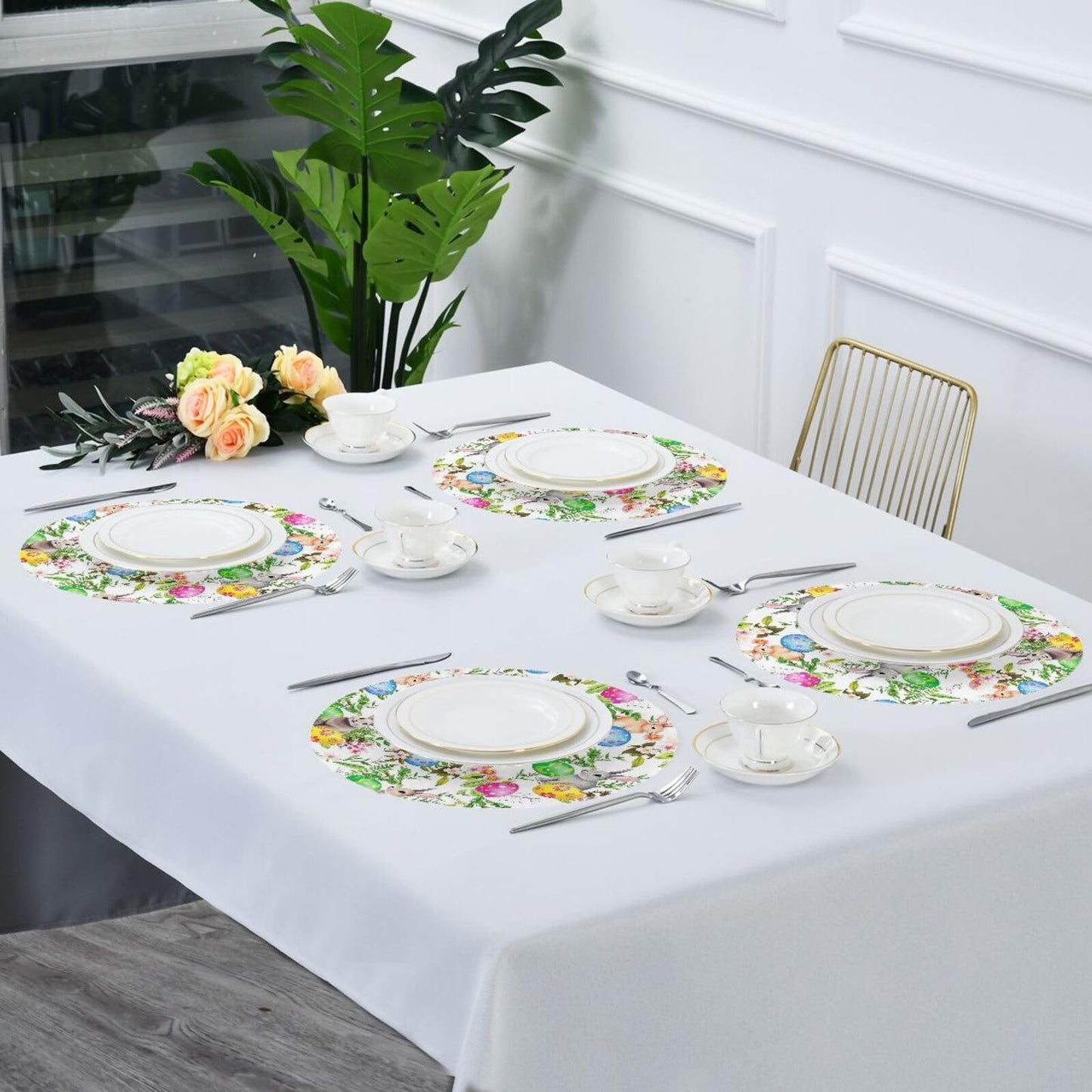 Easter Placemats Easter Bunny Eggs in Grass Flowers Round Placemats Set of 6 for Kitchen Table Washable Kitchen Table Mats Place mats