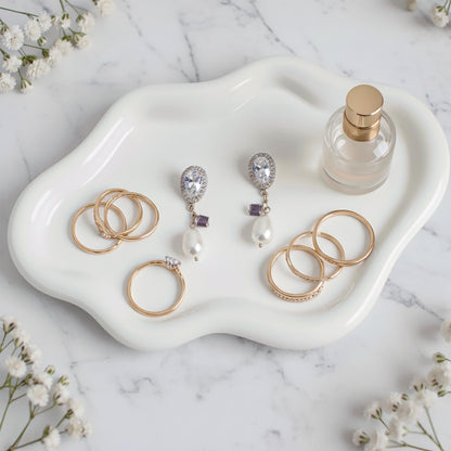 B33 BALTIC33 Cloud Ceramic Tray, Glossy White Irregular Jewelry Dish, Luxury Ceramic Ring Holder and Vanity Organizer, Cloud Trinket Plate for Keys, Perfume, or Nightstand Decor