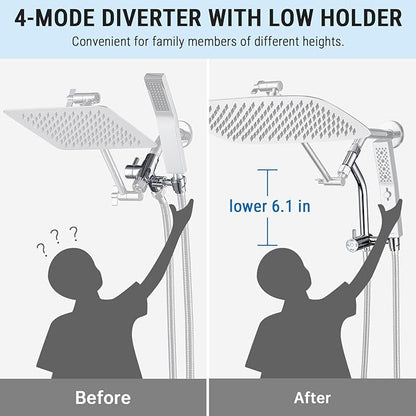 G-Promise All Metal 16 Inch Rain Shower Head with Massage Mode Handheld Spray Combo, 3-Way Diverter with Pause Setting, Full Body Coverage, Modern Bathroom Upgrade (Chrome)
