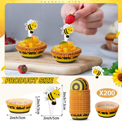Vesici 200 Counts Cupcake Liners and 200 Counts Cupcake Toppers Round Baking Cups Greaseproof Muffin Liners for Christmas Holiday Birthday Theme Party Supplies(Bee)