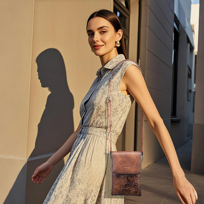 VIMUTI Small Crossbody Bags for Women Trendy Vegan Leather Cell Phone Bag Embossed Flower Design Wallet Purses with Strap (01-Brown)