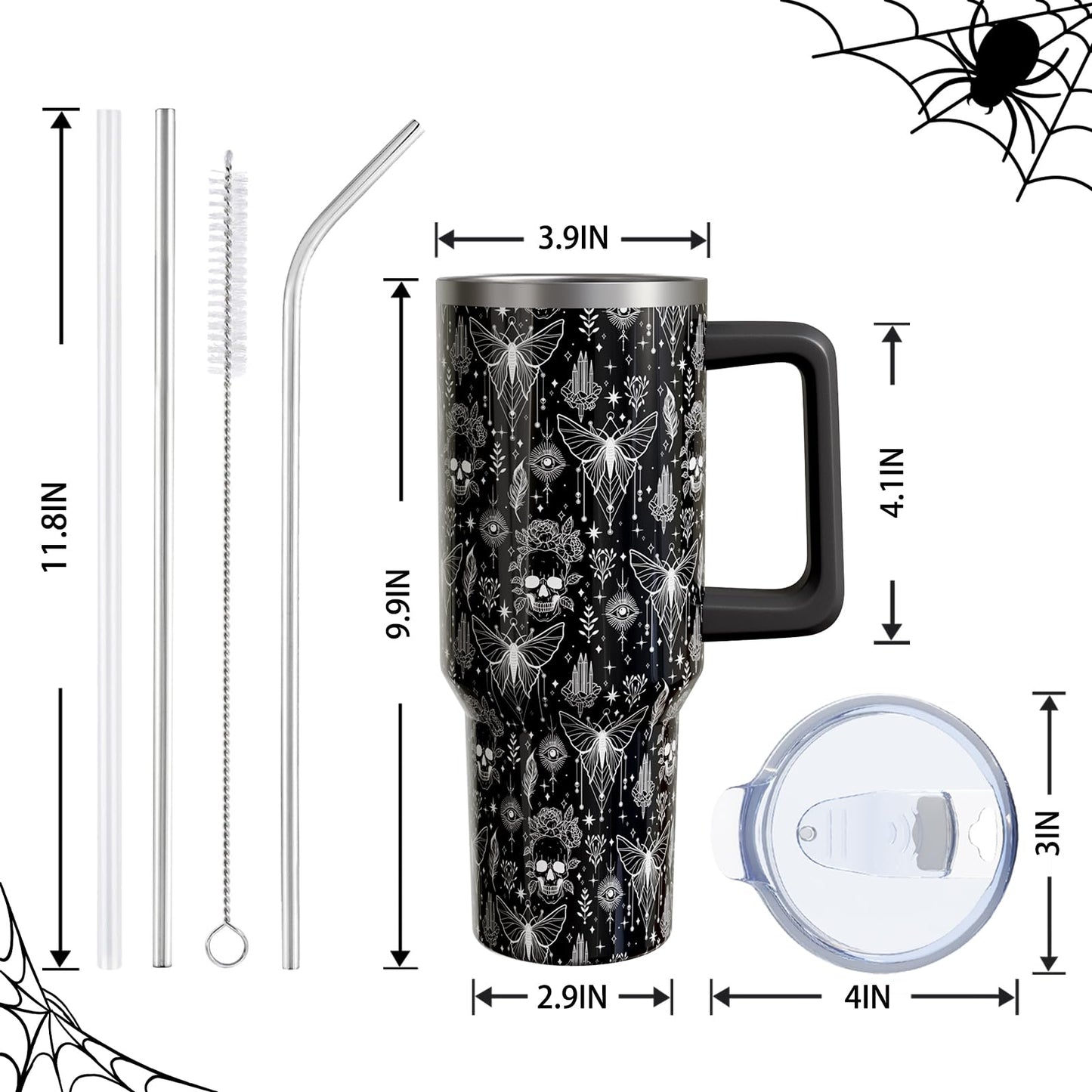 Aokoyi Goth Skull 40oz Tumbler Cup with Handle and Straw, Black Witch Gifts for Women Men, Gothic Holiday Stainless Steel Insulated Water Bottle 1PC