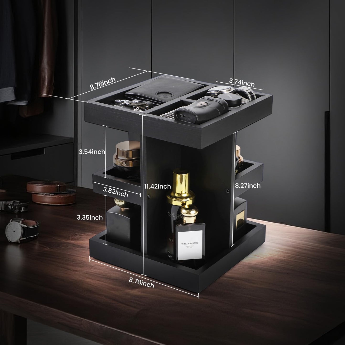 EXIN DECHEN Cologne Organizer for Men,Cologne Stand,3 Tier Wooden Perfume Shelf with Rotate,Desk Organizer,Gift for Dad From Wife,Husband Boyfriend Birthday Gift Ideas,Gifts for Men