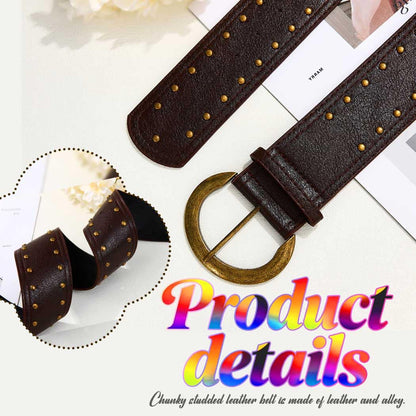 Beautriy Wide Studded Leather Belts Chunky Vintage Belt Fashion Thick Belt Accessories for Women (Coffee)
