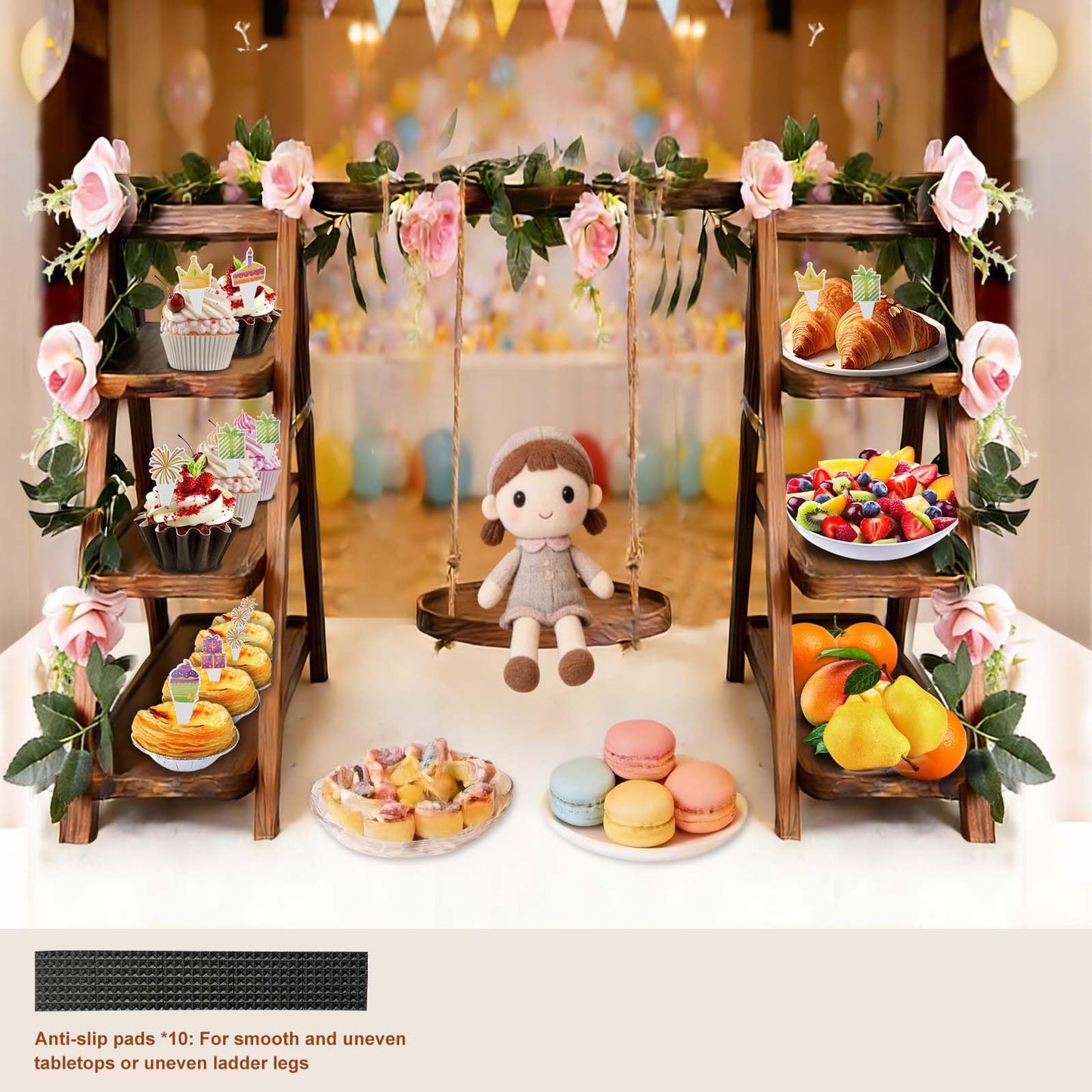 Wooden Cupcake Stand, 3 Tier Dessert Display Serving Tray with Swing and Flower Decoration, Foldable Tiered Ladders Stand for Party, Birthday, Wedding, Baby Shower, Table Food Display for Fruit Bread