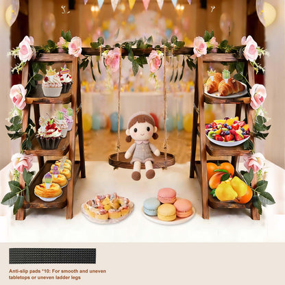 Wooden Cupcake Stand, 3 Tier Dessert Display Serving Tray with Swing and Flower Decoration, Foldable Tiered Ladders Stand for Party, Birthday, Wedding, Baby Shower, Table Food Display for Fruit Bread