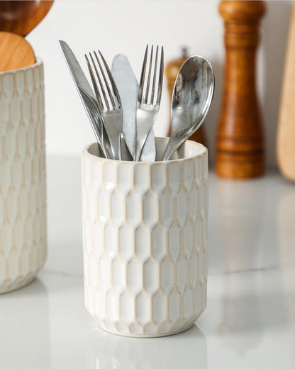 ArteBake Utensil Holder Set of 2, Large & Small Ceramic Utensil Holder for Kitchen Countertop, Farmhouse Kitchen Decor, Thick Durable Utensil Crock Organizer, Beige