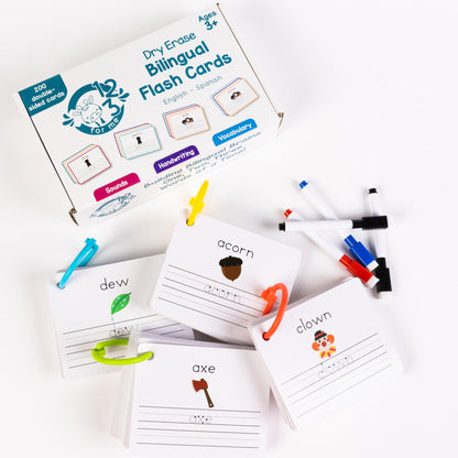 Dry Erase Spanish Flash Cards for Kids | English - Spanish Alphabet Flash Cards for Beginners - Set of 200 ESL Teaching and Learning Bilingual Flashcards for Writing and Reading Games.