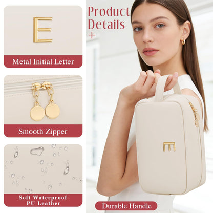 CLOUDWINGS Personalized Gifts for Women Girls - Customized Gifts for Mom Bridesmaid Graduation Friend, Initial Makeup Bag Cosmetic Bag with Large Capacity, PU leather Travel Toiletry Bags (Beige, E)