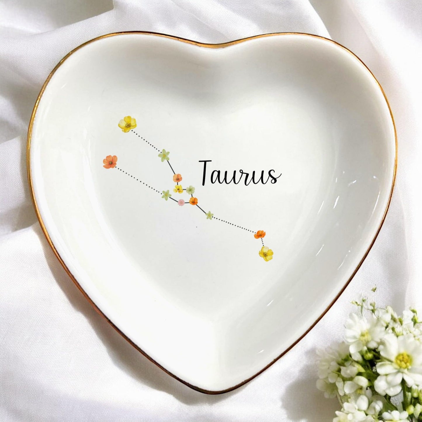 Aquarius Constellation Jewelry Dish, Birth Month Flower Trinket Tray for Earrings Necklaces, Zodiac Gift for Birthday Wedding Christmas Valentine, Gift for Aunt Mom Her (Taurus (Apr 20 - May 20))