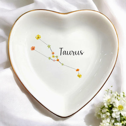Aquarius Constellation Jewelry Dish, Birth Month Flower Trinket Tray for Earrings Necklaces, Zodiac Gift for Birthday Wedding Christmas Valentine, Gift for Aunt Mom Her (Taurus (Apr 20 - May 20))