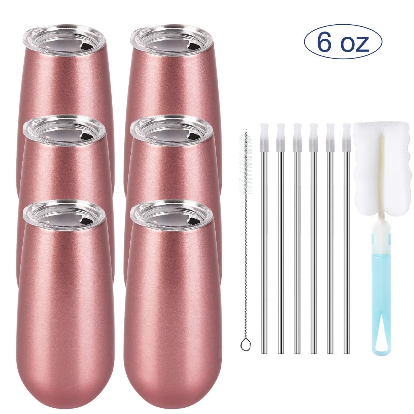 Lifecapido 6 Pack Stemless Double Insulated Champagne Flute Tumbler with Lid, 6 Oz Unbreakable Reusable Cocktail Champagne Toasting Glasses, Good Gift for Friends Family Christmas Birthday, Rose Gold