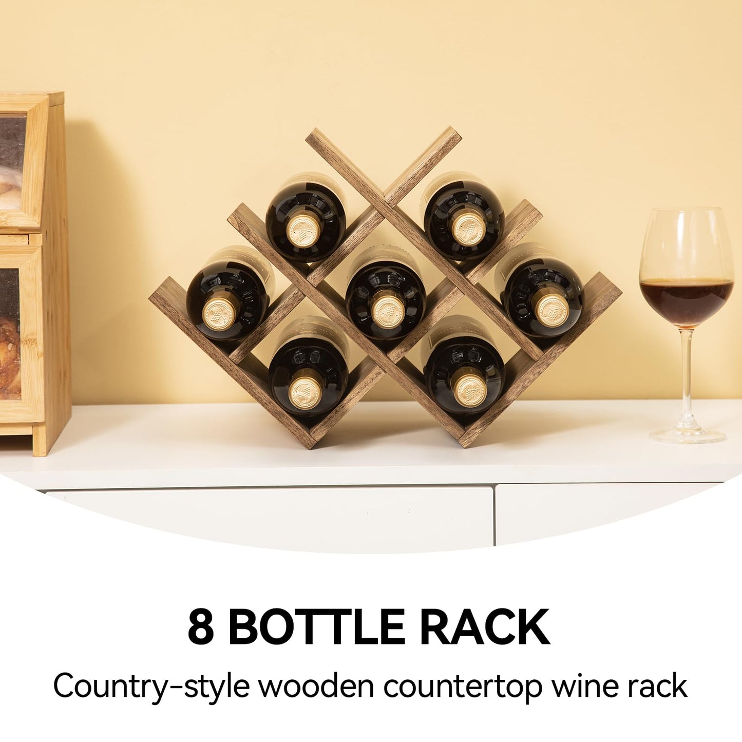 KIRIGEN Wooden 8-Bottle Wine Rack, 3-Tier Countertop Wine Bottle Holder for Cabinets, Bar Cart, Kitchen Counter, Pantry, Dining Room, 16.73 x 5.9 x 11.14 in, XHJJ3-DBR