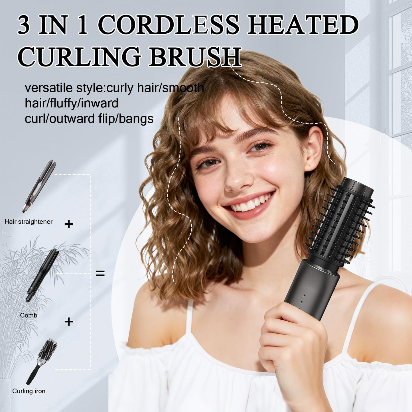 Cordless Hair Curling Iron Brush, Travel Curl Brush, 3-in-1 Portable Curling Iron Cordless, Plasma Thermal Hair Brush, 7000mAh USB Rechargeable Curlings Wand, Mini Hot Curlings Brush-Blush Pink