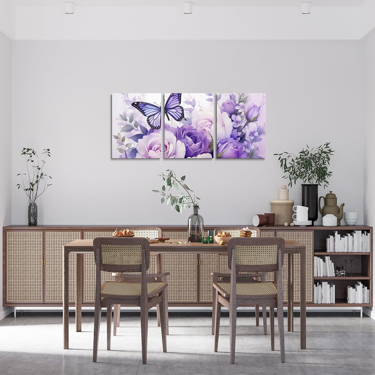 Feelyou Purple Rose 3 Piece Canvas Wall Art for Living Room Bedroom Butterfly Wall Art for Home Decor Floral Flower Office Wall Decor Romantic Theme Wall Painting