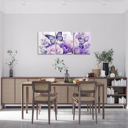 Feelyou Purple Rose 3 Piece Canvas Wall Art for Living Room Bedroom Butterfly Wall Art for Home Decor Floral Flower Office Wall Decor Romantic Theme Wall Painting