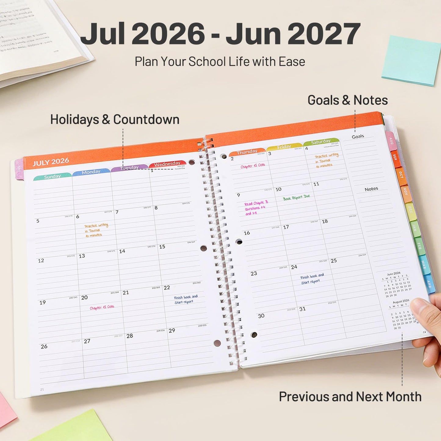Student Planner 2026-2027, SUNEE Academic Weekly & Monthly Plan Book, Jul. 2026 - Jun. 2027, 8.5"×11" School Planner, Lesson Plan Book with Week's Goals, Bookmark, Monthly Tabs, 3-Hole Punched, Black