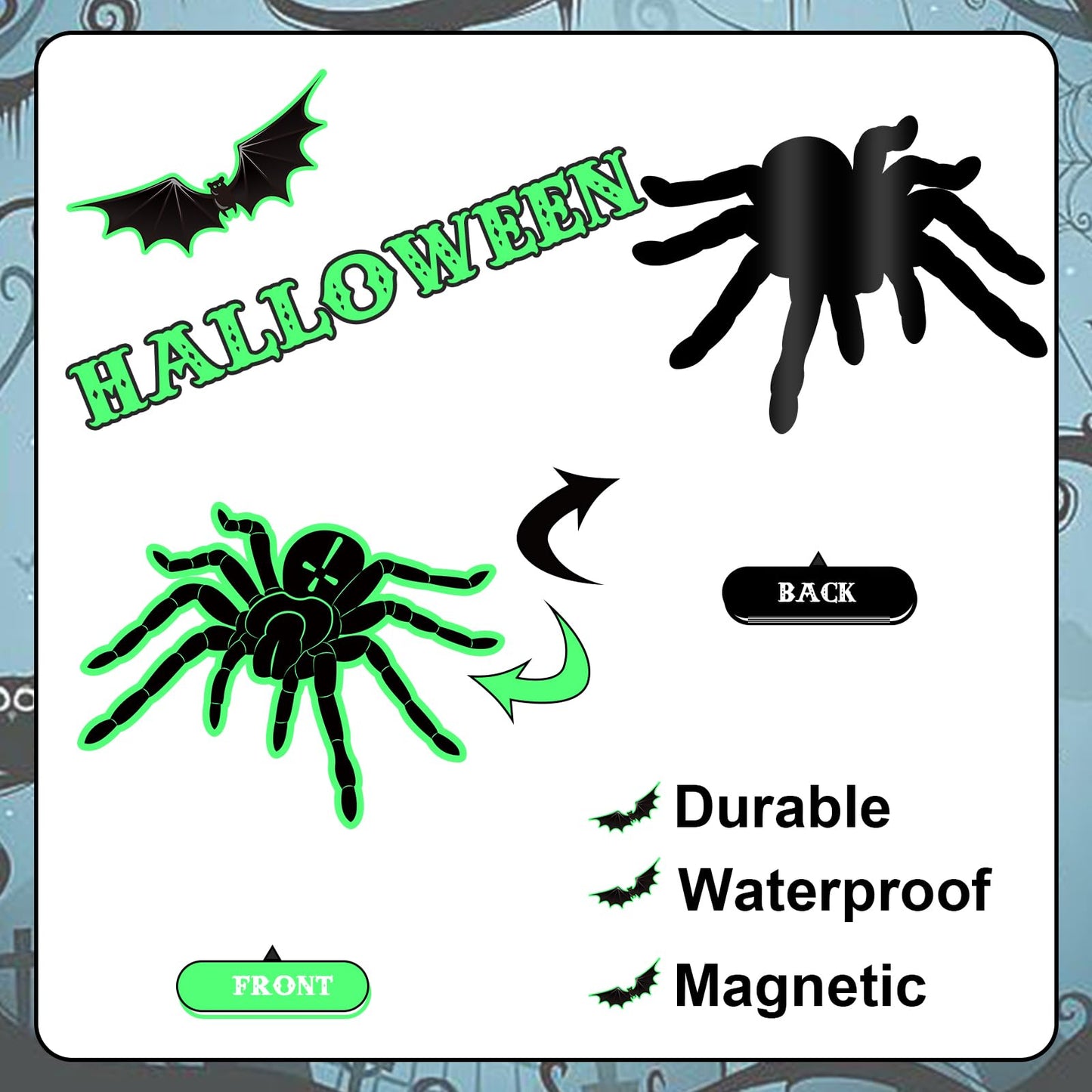 Whaline 25Pcs Halloween Garage Decoration Magnet Stickers Luminous Bat Spider Web Garage Door Decals Scary Magnet Refrigerator Stickers for Halloween Party Home Car Garage Door Decorations