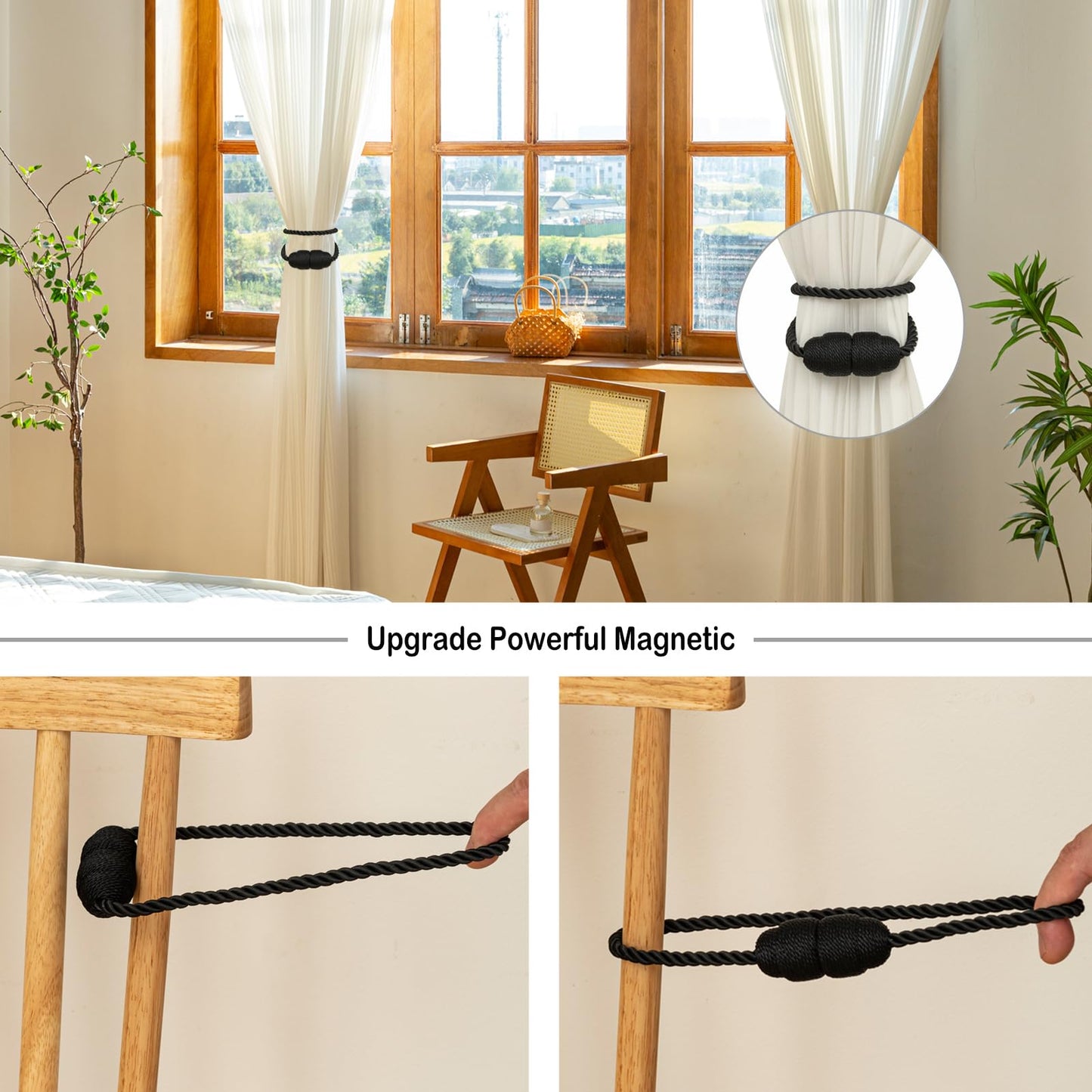 Contoeey Magnetic Curtain Tiebacks Rope Curtain Tie Backs for Curtains 8 Pack Curtain Holders for Drapes Decorative Window Curtain Holdbacks, Black