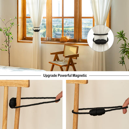 Contoeey Magnetic Curtain Tiebacks Rope Curtain Tie Backs for Curtains 8 Pack Curtain Holders for Drapes Decorative Window Curtain Holdbacks, Black