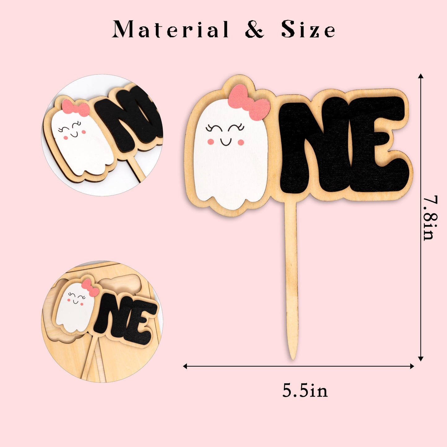 MUWEOL Spooky One Cake Topper - Halloween First Birthday Party Decoration,Little Cute Ghost With Pink Bow Wooden Cake Topper (spooky topper)