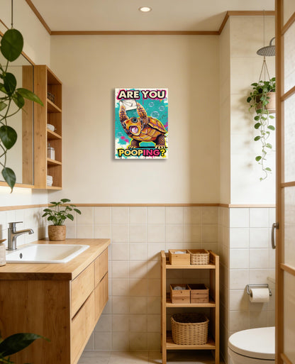 Funny Turtle Bathroom Wall Art Painting, Are You Pooping? Graffiti Humor Canvas Print, Teal Pop Art Bathroom Poster Decor, 12x16 Inch Framed Wall Picture for Bathroom Restroom Toilet Washroom
