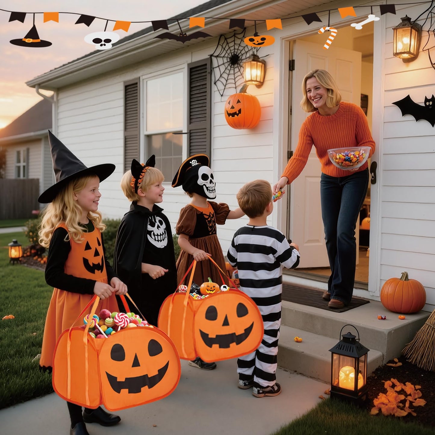 YOHOOLYO 95L Large Cute Halloween Pumpkin Boo Basket with Handles, Trick or Treat Candy Bucket Bag, Halloween Decor for Kids, Candy Buckets & Tote Bags for Party Favor Supplies