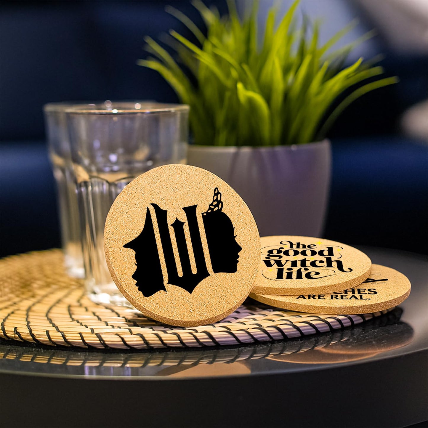 Cegkuc Coasters Witch for Drinks with Holder Set of 6, Wicked Cork Coaster Absorbent for Office Desk Cup Table Coasters Kitchen Decor House Warming Gifts for New Home Couples, Round 4"