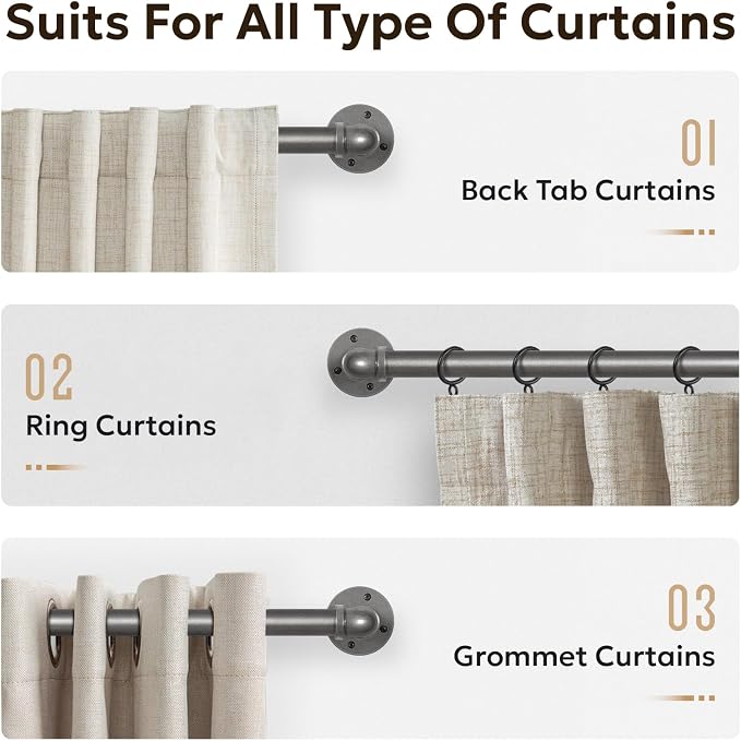 Zeerobee Curtain Rods for Windows 144 to 168, 1 Inch Industrial Wrap Around Grey Curtain Rod, Indoor/Outdoor Room Divider Adjustable Drapery Pole, 144"-168"