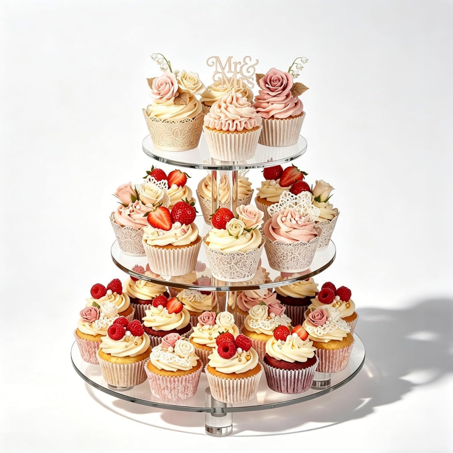 EffiQ-Rate 3 Tier Cupcake Stand, 4mm Thick Heavy Duty Acrylic Dessert Table Display Trays, 10" 8" 6" Round Cupcake Holder Decorative Bakery Tower for Wedding, Party, Baby Shower, Event