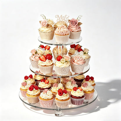 EffiQ-Rate 3 Tier Cupcake Stand, 4mm Thick Heavy Duty Acrylic Dessert Table Display Trays, 10" 8" 6" Round Cupcake Holder Decorative Bakery Tower for Wedding, Party, Baby Shower, Event