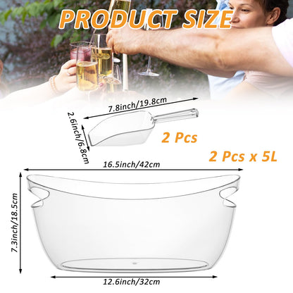 2 PCS Clear Ice Bucket Set - 5L Ice Buckets for Parties with Ice Bucket Scoop, Champagne Beer Tub Wine Beverage Bucket for Cocktail Bar, Parties, and Events