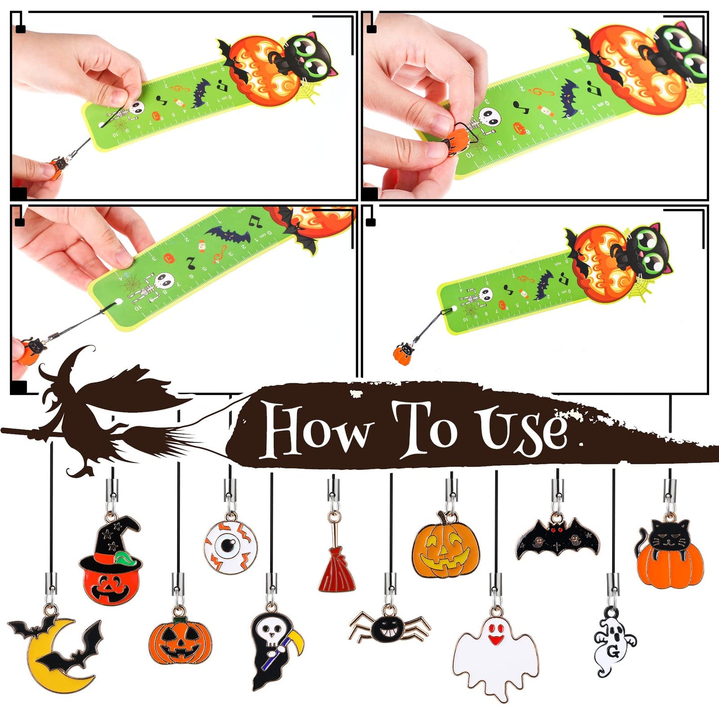 Pajean 24 Pcs Halloween Bookmarks, Ruler With Pumpkins, Ghost, Skulls Book Page Clips, Metal Charms for Classroom Rewards, Prizes, Holiday Party Favor Decorations