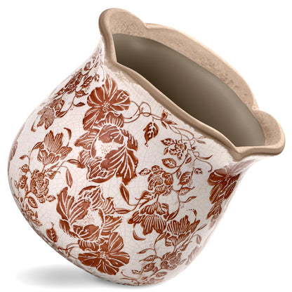 behen bahen Vintage Ceramic Planter Pot with Drainage Holes, Green Floral Design, 6.11 Inch, Distressed Tuscan Style, Indoor Plant Pot and Vase (Red Flower)