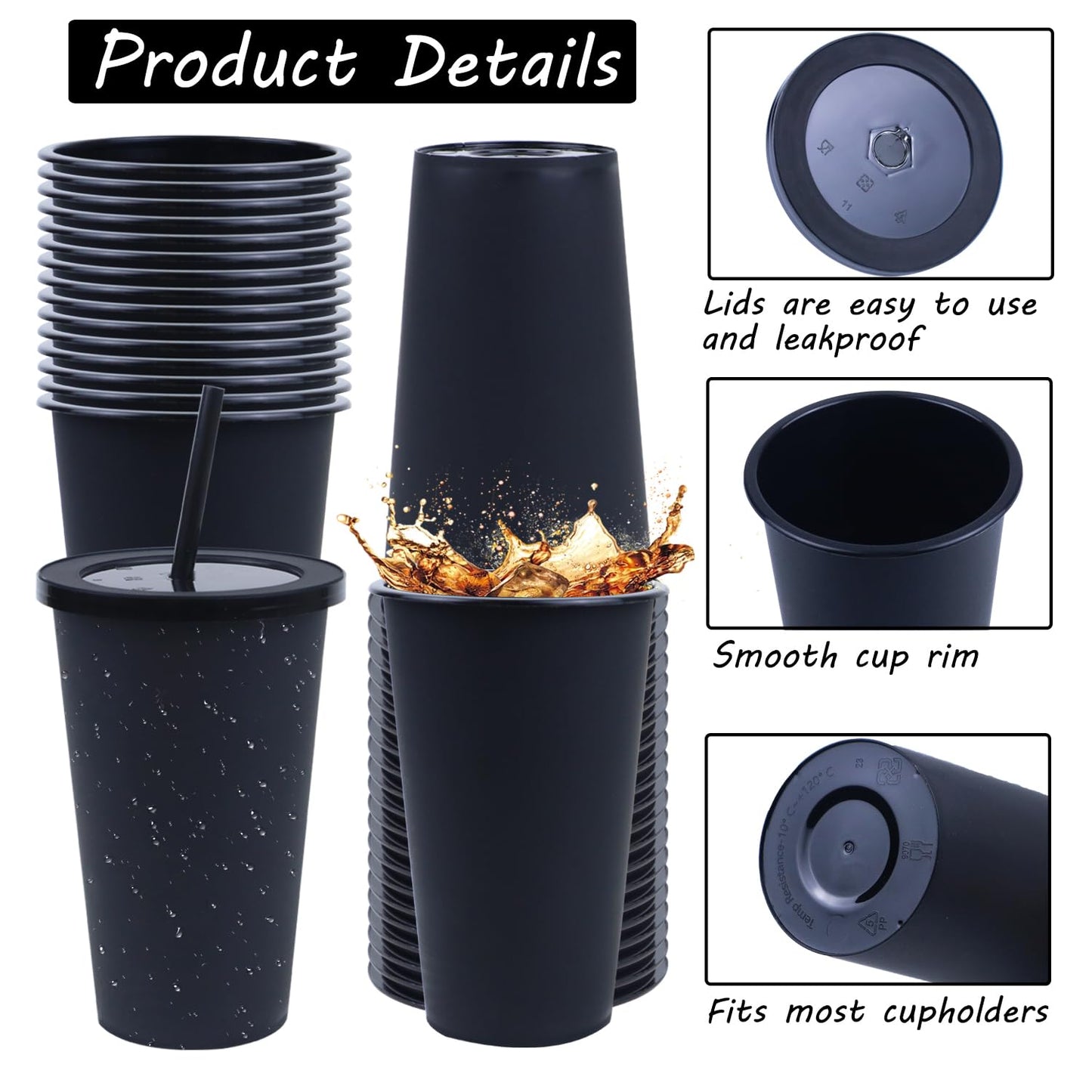 Ahongwenxi 50 Pack Black Plastic Cups with Lids and Straws, 16 oz Disposable Plastic Tumblers Iced Coffee Cups Travel Mug Cup for Juices Halloween Birthday Bachelorette Party Wedding (Black, 16 oz)