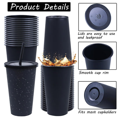 Ahongwenxi 50 Pack Black Plastic Cups with Lids and Straws, 16 oz Disposable Plastic Tumblers Iced Coffee Cups Travel Mug Cup for Juices Halloween Birthday Bachelorette Party Wedding (Black, 16 oz)
