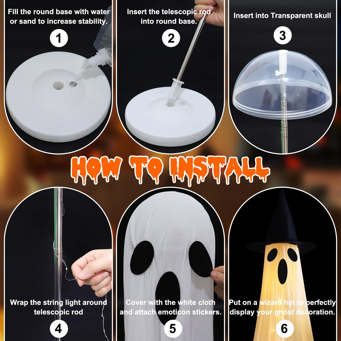 2PCS Halloween Ghosts Decorations Outdoor/Indoor, Large Adjustable Height Lighted White Cloth Ghosts with Adjustable String Lights Battery Operated Halloween Party Home Porch Yard Decorations