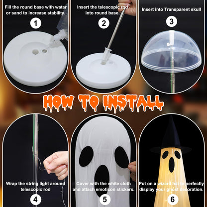 2PCS Halloween Ghosts Decorations Outdoor/Indoor, Large Adjustable Height Lighted White Cloth Ghosts with Adjustable String Lights Battery Operated Halloween Party Home Porch Yard Decorations